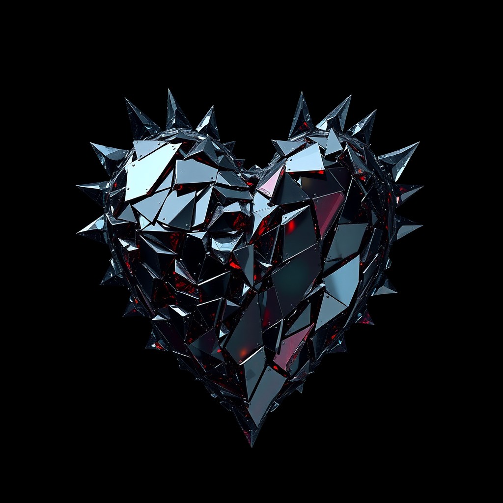 A striking artistic representation of a heart constructed entirely from sharp, demonic glass shards, glinting menacingly against a pitch-black background