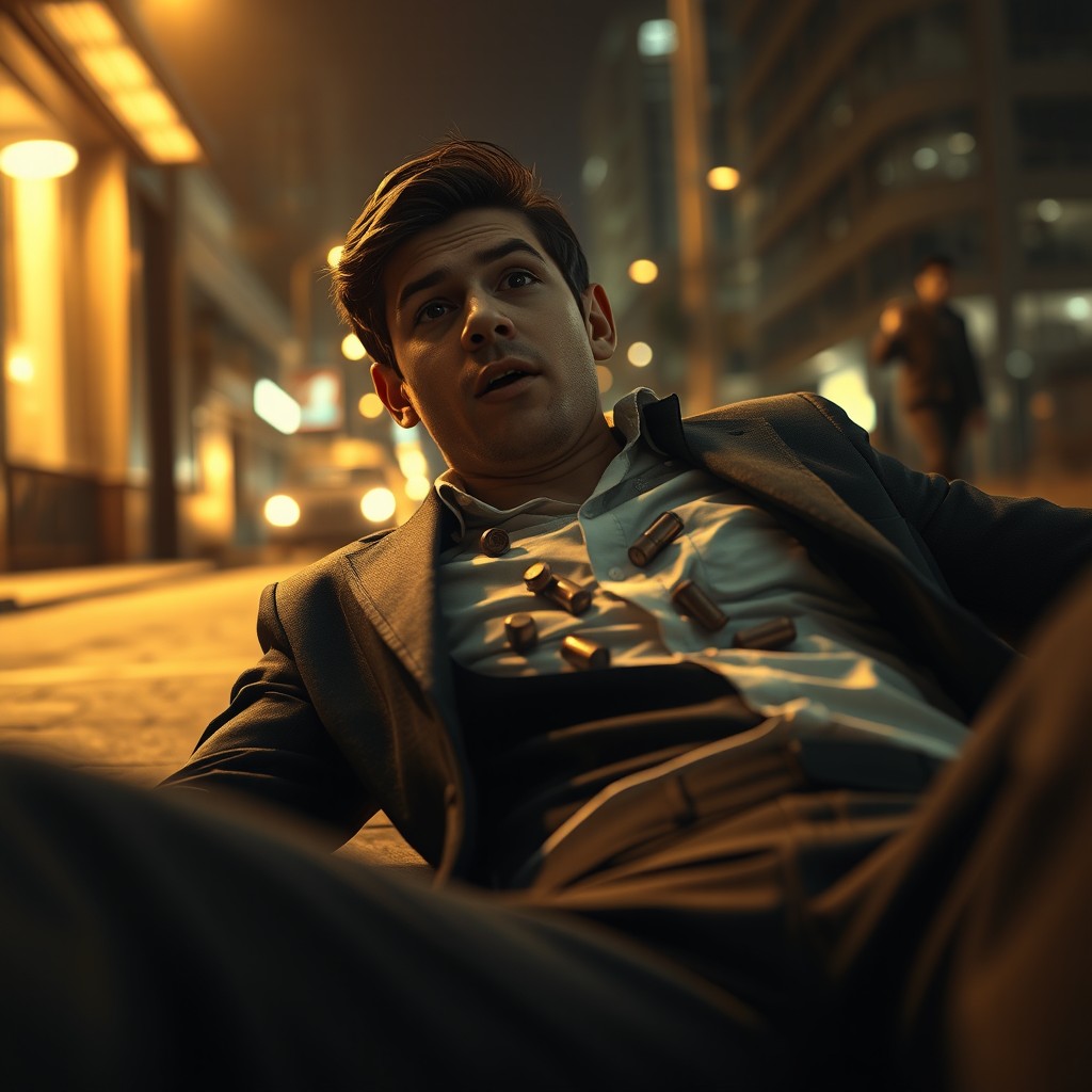 A scene depicted with a young businessman lying on the ground, his shirt torn and showing multiple bullet holes in the chest, surrounded by a faintly lit urban environment