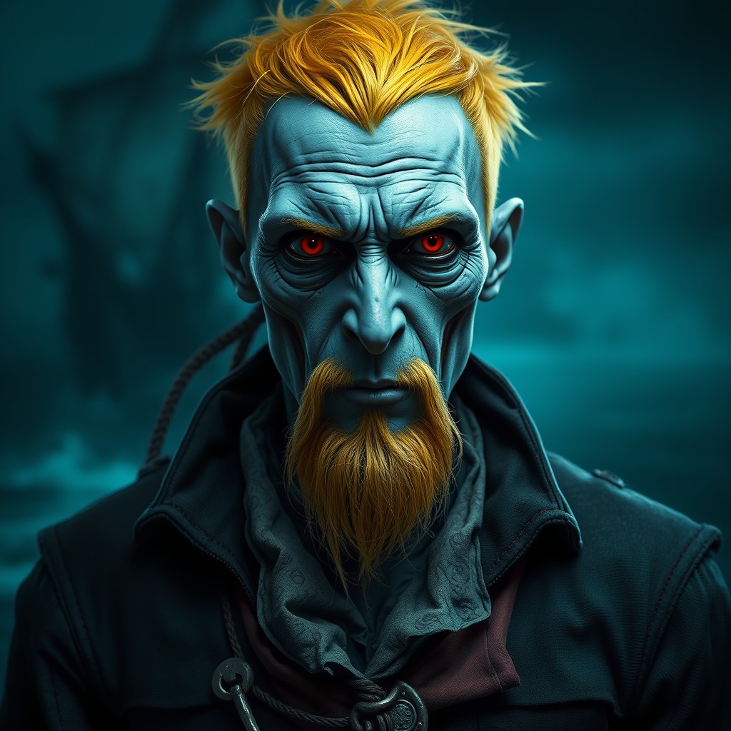 A dark fantasy style portrait of an undead male pirate with eerie features, short bright yellow hair, and a short pointy beard