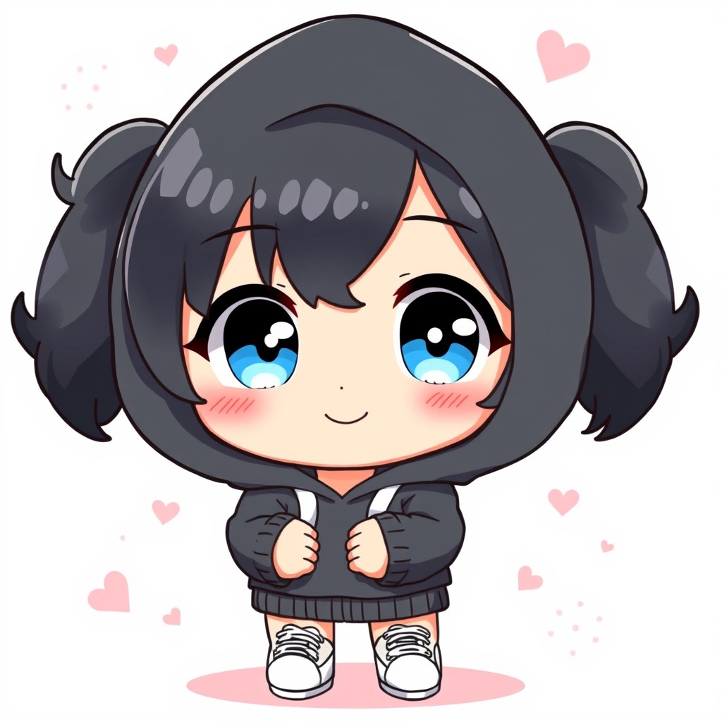 A cute chibi girl wearing a black hoodie, with oversized white shoelaces