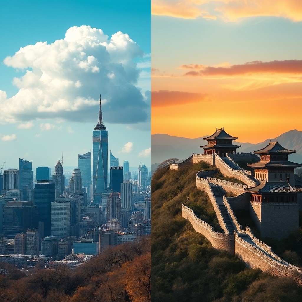 A dramatic scene depicting a landscape split down the middle: on one side, a vibrant and futuristic New York City skyline representing the USA, filled with towering skyscrapers and bright neon lights; on the other side, a traditional yet modern Beijing skyline with the Great Wall winding in the background, showcasing ancient architecture blended with contemporary buildings