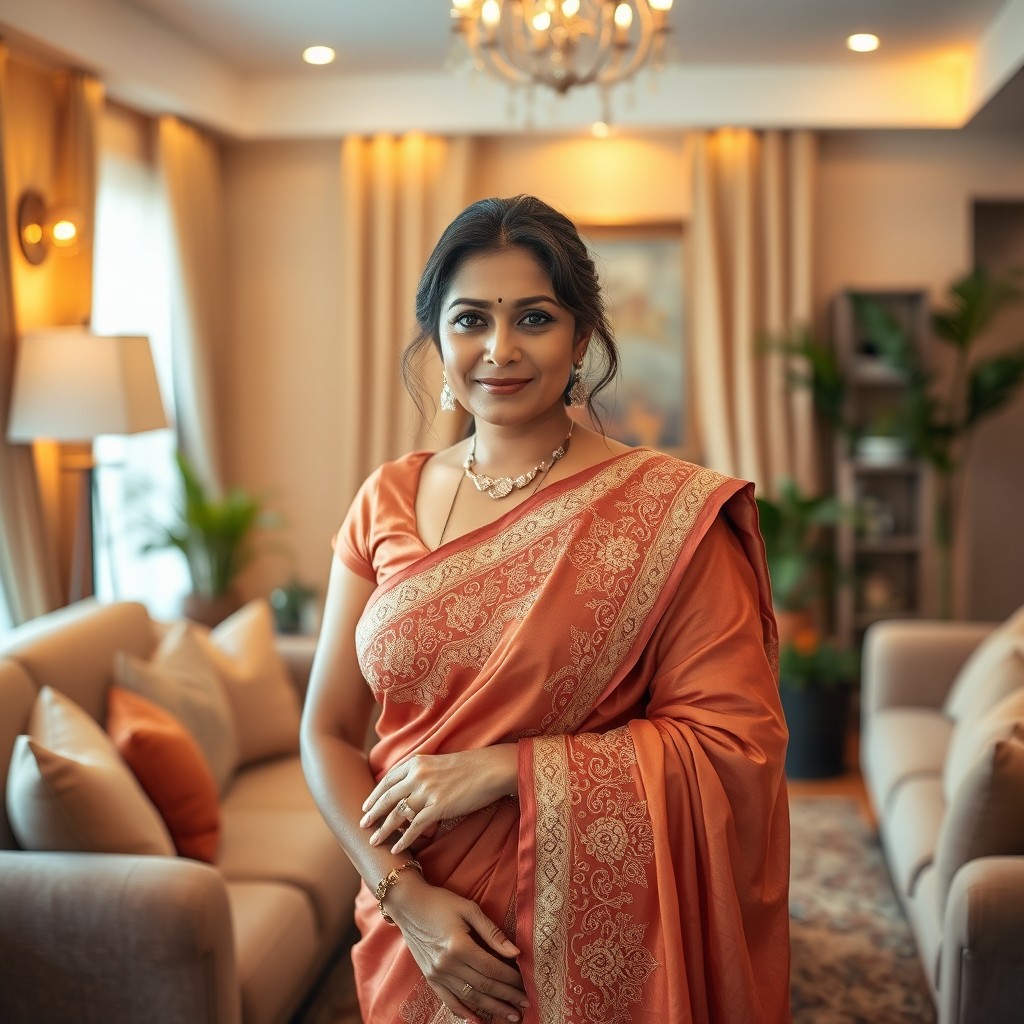 A beautiful Indian woman in her mid-40s, dressed in an elegant traditional saree adorned with intricate embroidery
