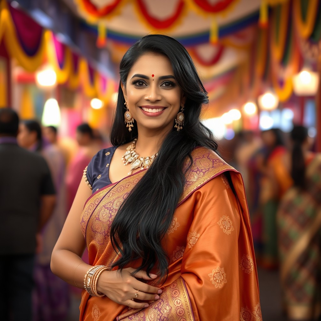 A glamorous Indian woman in her 40s, dressed in a stunning traditional sari with intricate designs