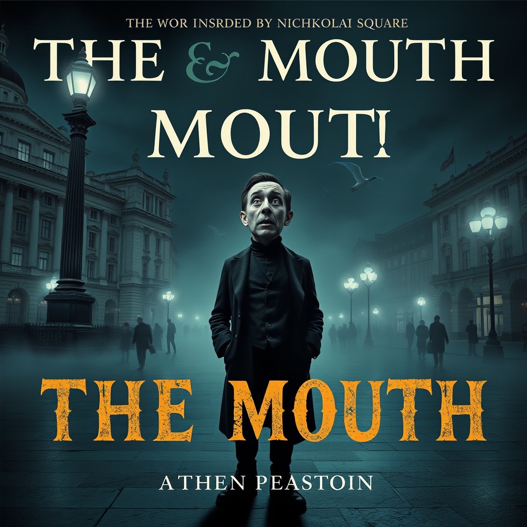 A surreal and darkly humorous book cover for 'The Mouth', inspired by Nikolai Gogol
