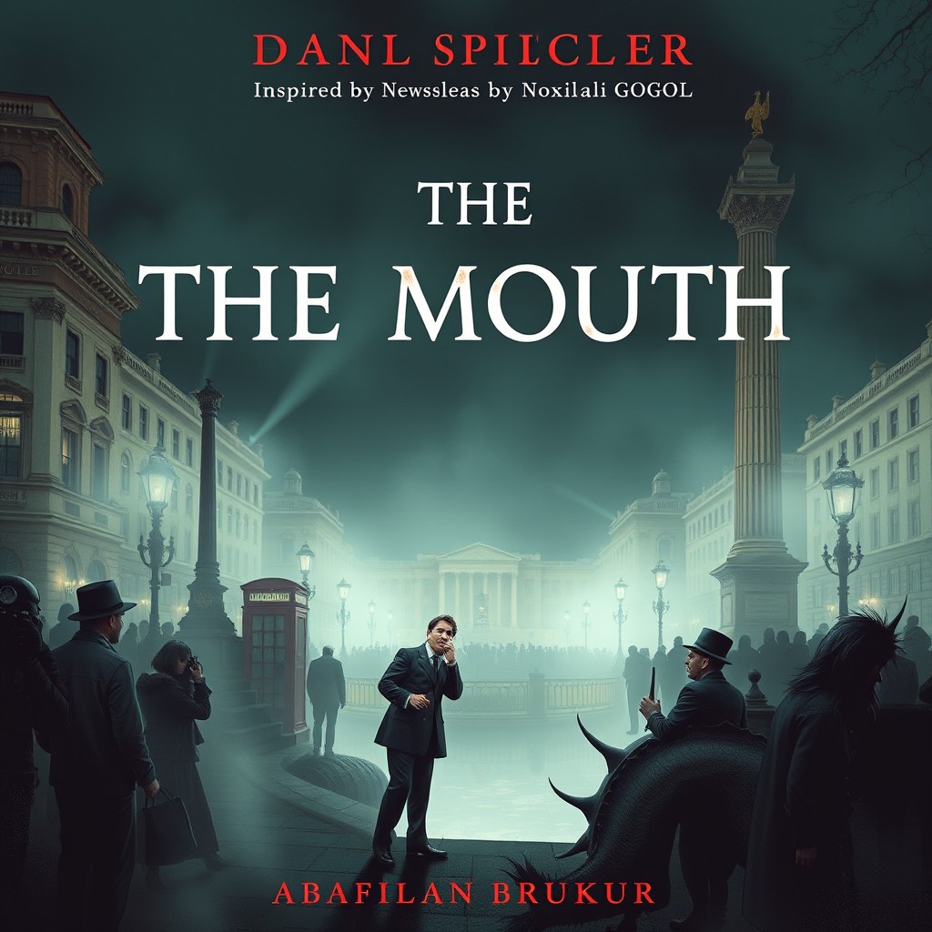 A surreal and darkly humorous book cover for 'The Mouth', inspired by Nikolai Gogol