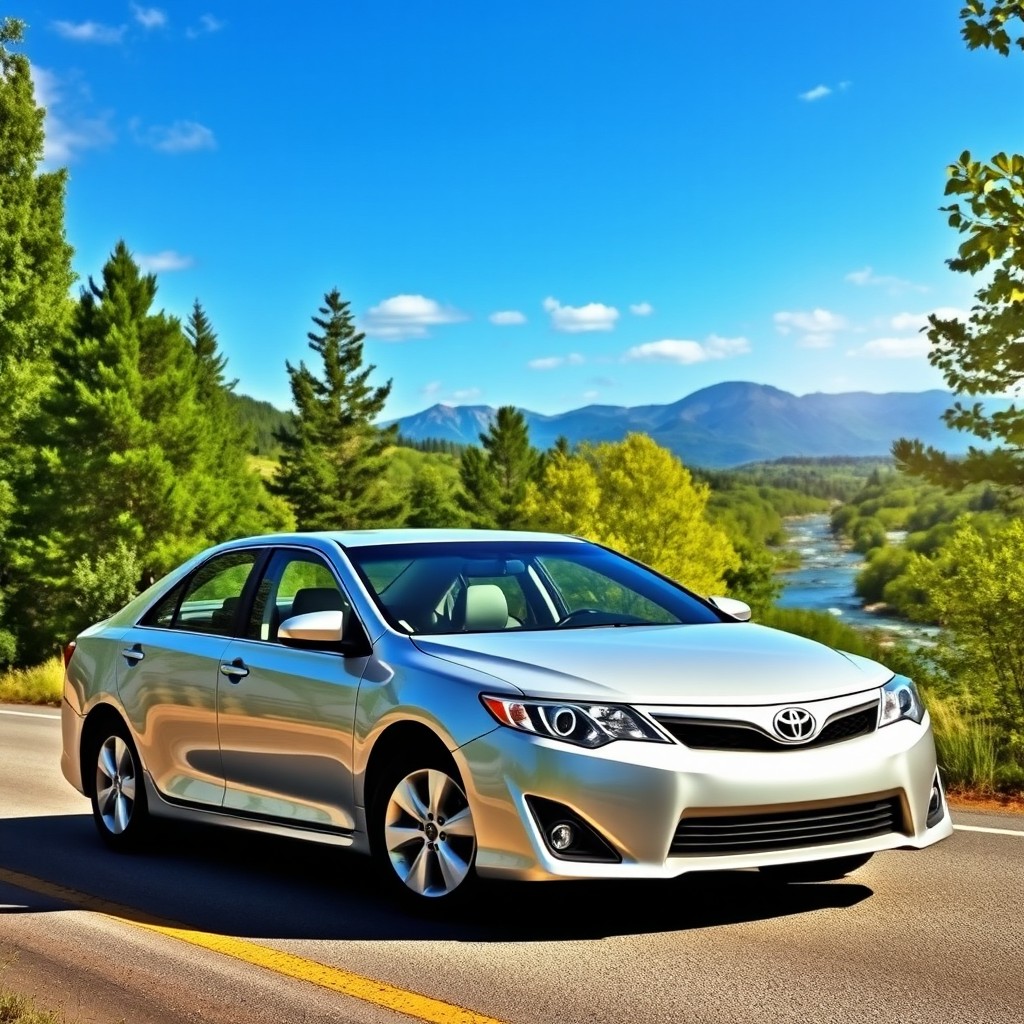 A realistic and detailed image of a silver 2013 Toyota Camry parked on a scenic road surrounded by lush green trees and a clear blue sky