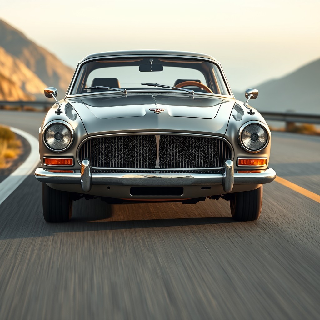 A photo-realistic front-left dynamic driving scene featuring a modernized GAZ-21 Volga car navigating an asphalt mountain serpentine road