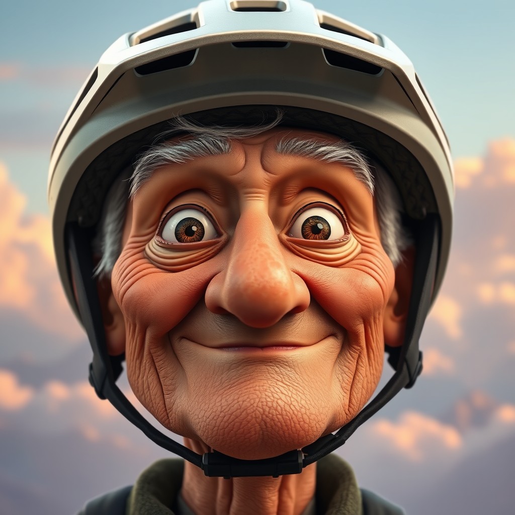 The face of an elderly man inspired by the character from the animated film 'Up', wearing a Fox dropframe helmet