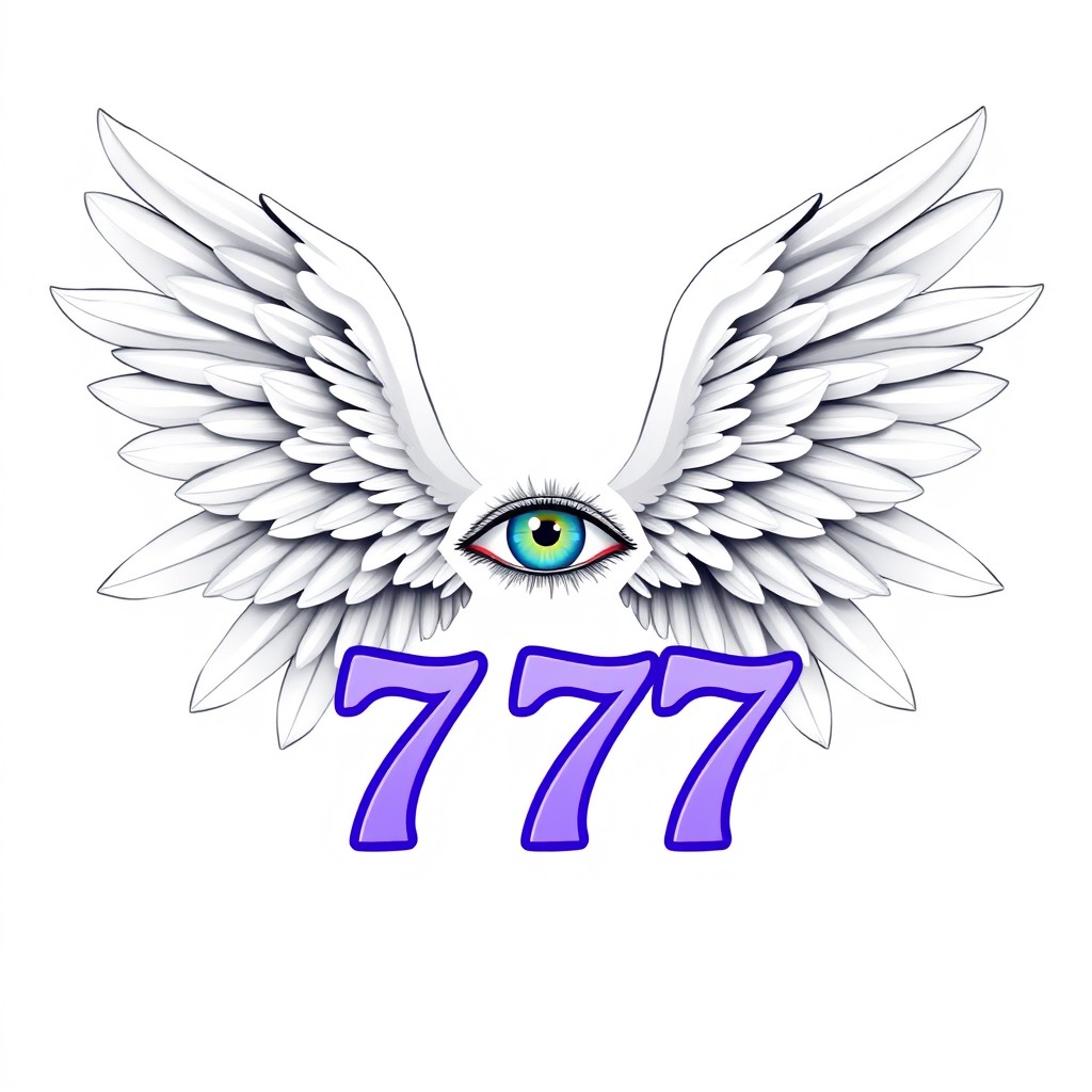 Majestic white angel wings fully spread open, featuring an intelligent and wise eye in the center