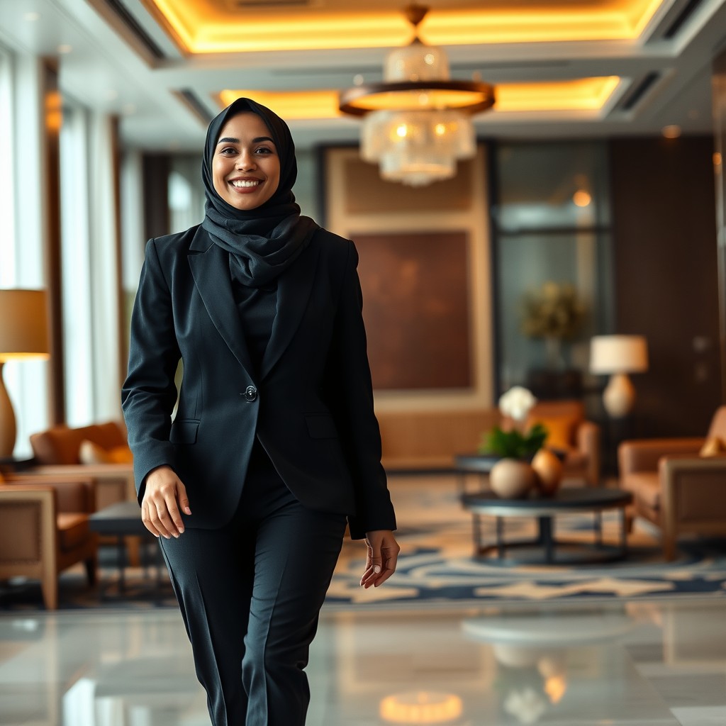 A Muslim woman in her 30s smiling warmly and walking with confidence, exuding professionalism and self-assurance