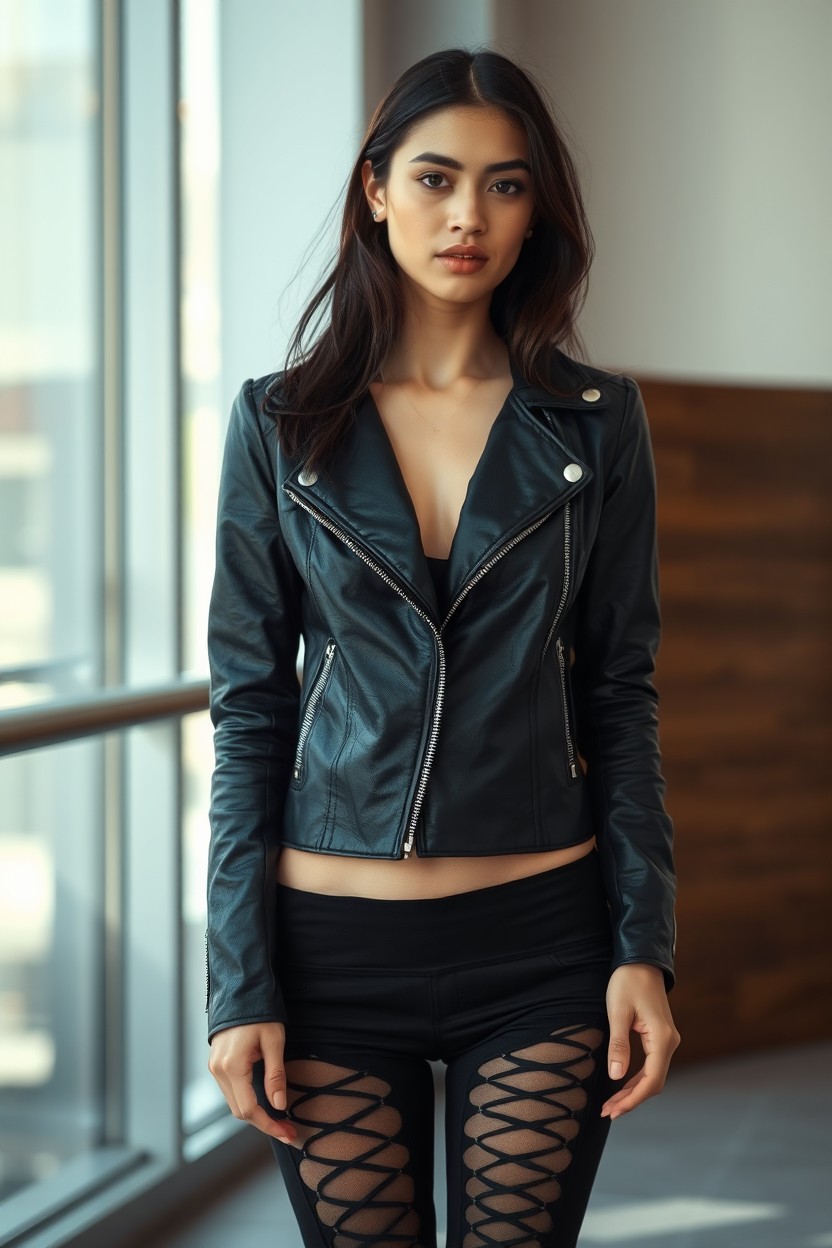 A candid, spontaneous full-body portrait of a slender woman standing naturally in a modern urban environment, wearing a sleek black leather jacket and laced black pants