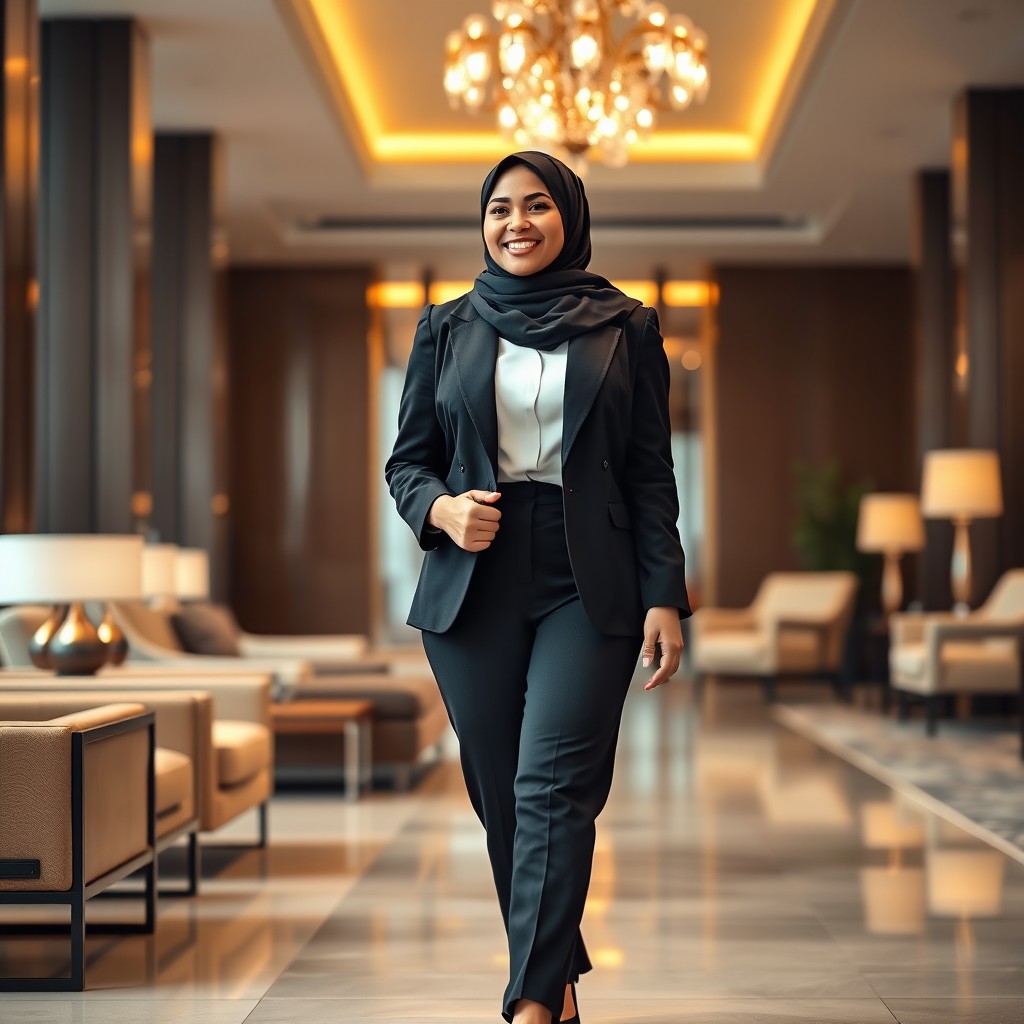 A Muslim woman in her 20s, with a curvy body, smiling warmly and walking with confidence, exuding professionalism and self-assurance