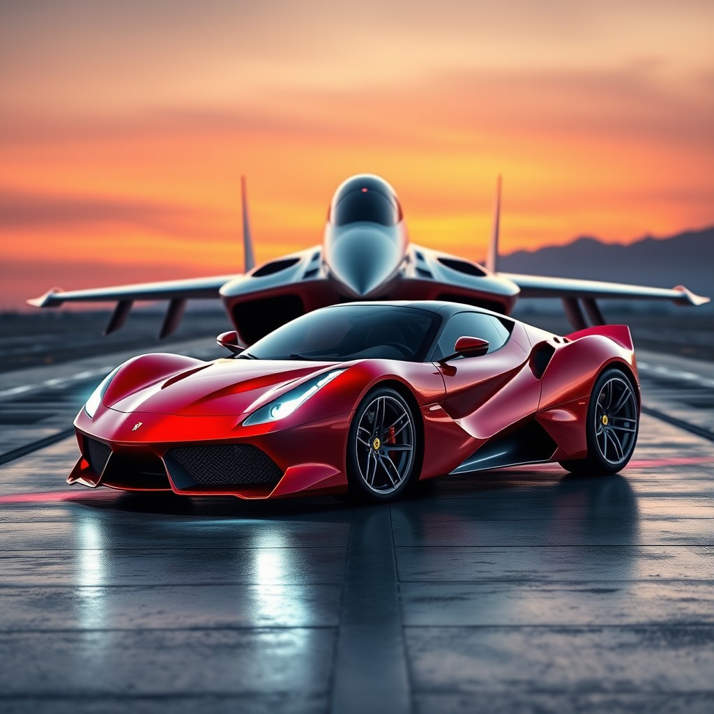 A futuristic hybrid of a SU-27 fighter jet and a sleek Ferrari sports car, seamlessly blending the aggressive aerodynamic shape of the jet with the elegant curves and shiny red paint of the Ferrari