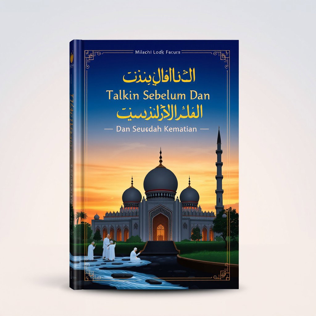 An Islamic book cover design for 'TALKIN SEBELUM DAN SESUDAH KEMATIAN'
