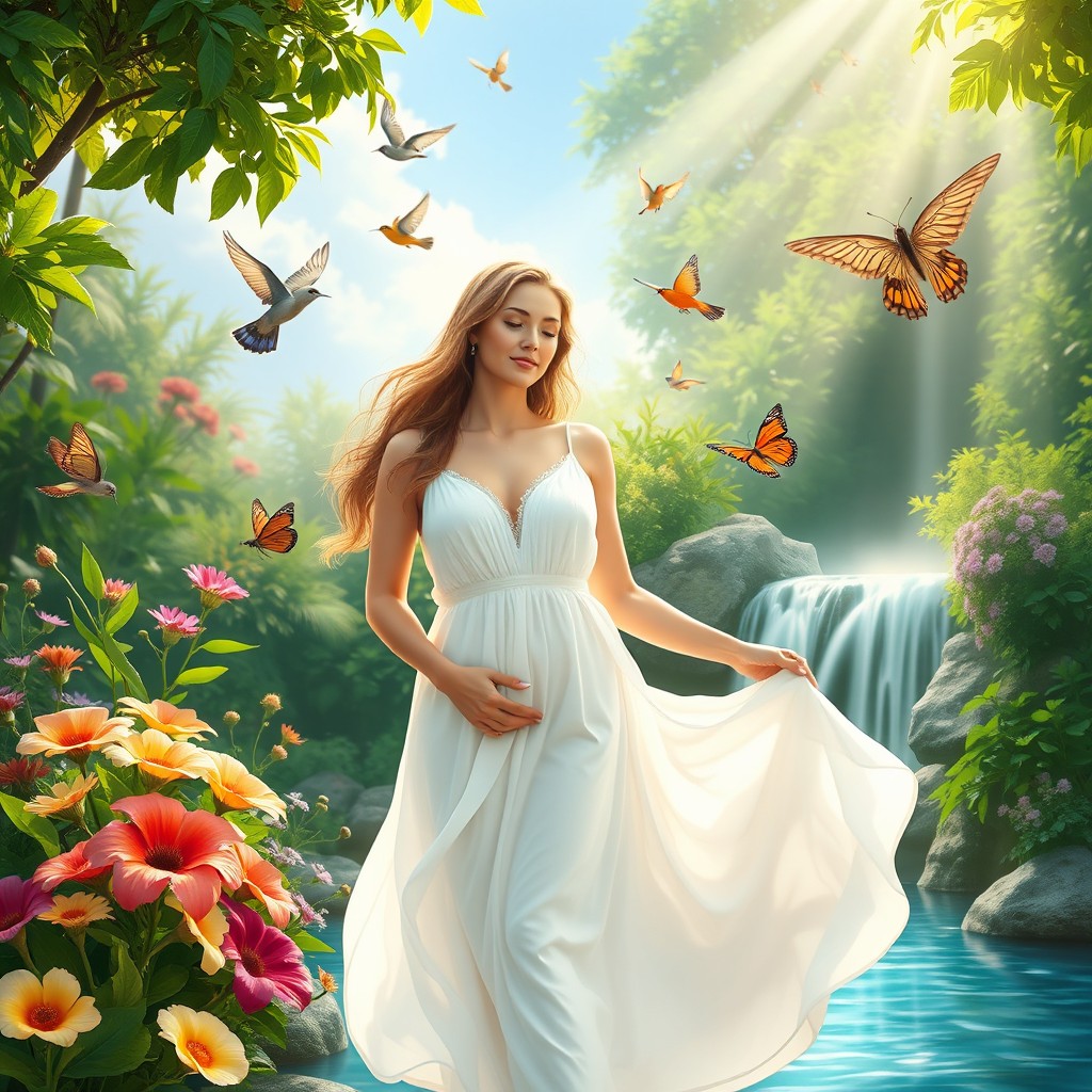 A serene and heavenly depiction of a mother in paradise, surrounded by lush green gardens, vibrant flowers, and bright sunlight filtering through soft clouds