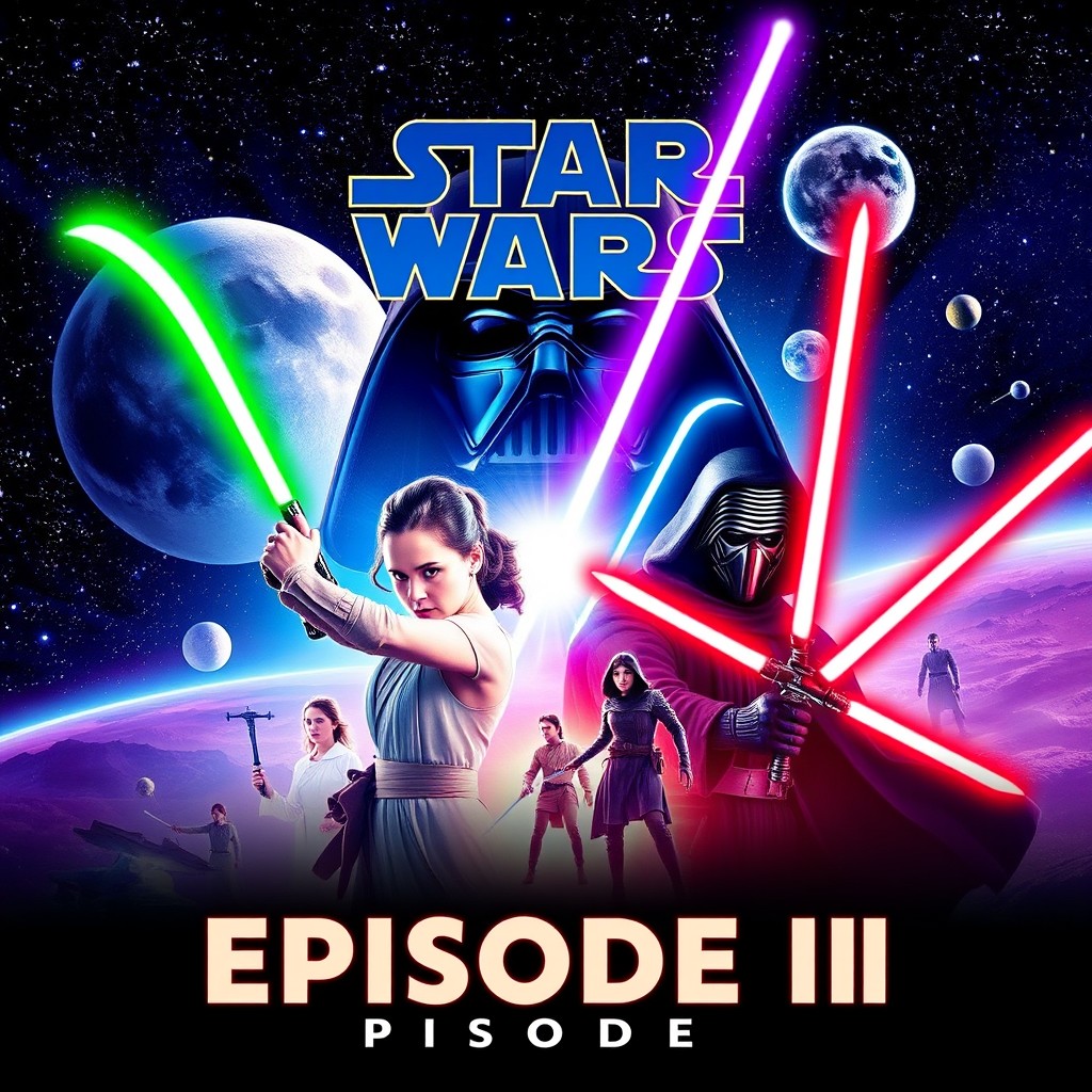 A vibrant and dramatic poster for Star Wars Episode IX featuring iconic characters like Rey wielding her lightsaber, Kylo Ren with his crossguard lightsaber, and the ghostly figures of past Jedi like Luke and Leia appearing in the background