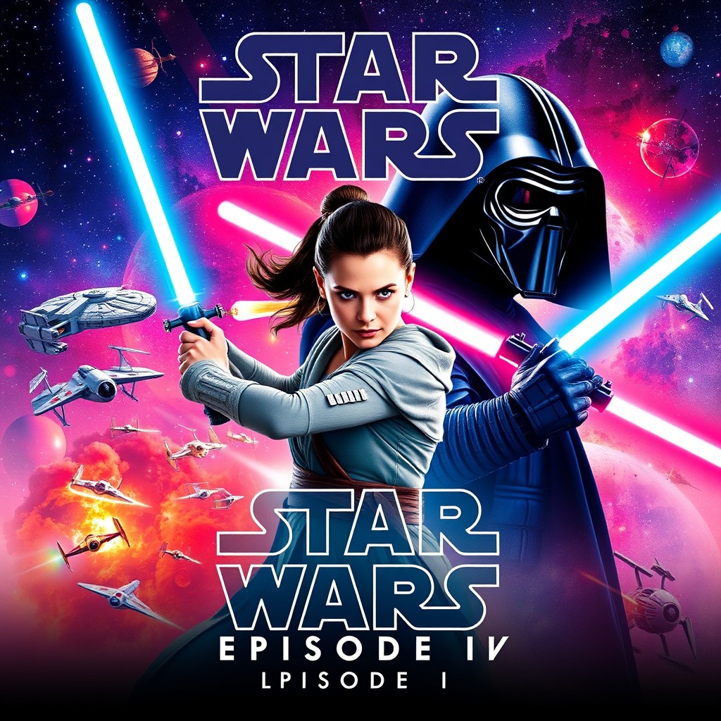 A dynamic and visually striking poster for Star Wars Episode IX, showcasing Rey in a heroic pose wielding her blue lightsaber, with Kylo Ren looming menacingly in the background holding his crossguard lightsaber