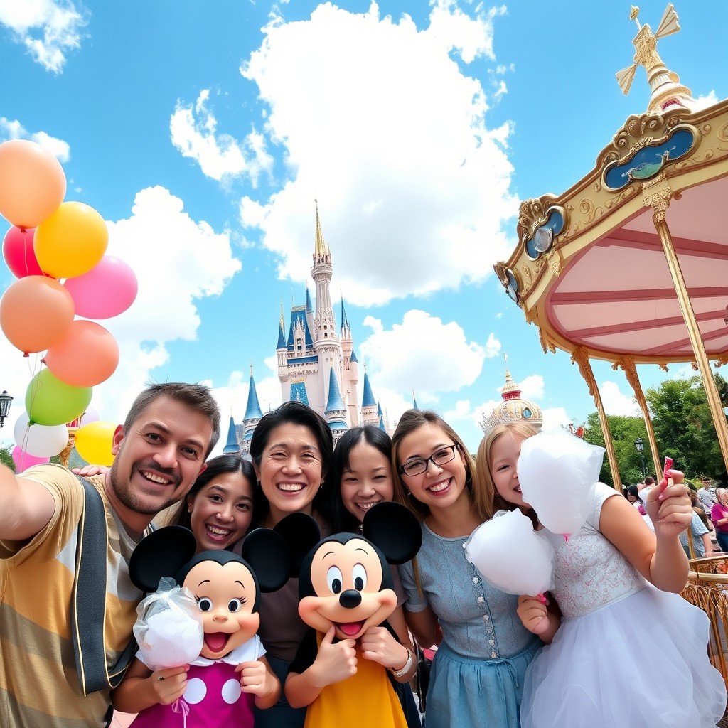 A fun family enjoying a magical day at a Disney theme park, with iconic attractions in the background like Cinderella Castle and Space Mountain