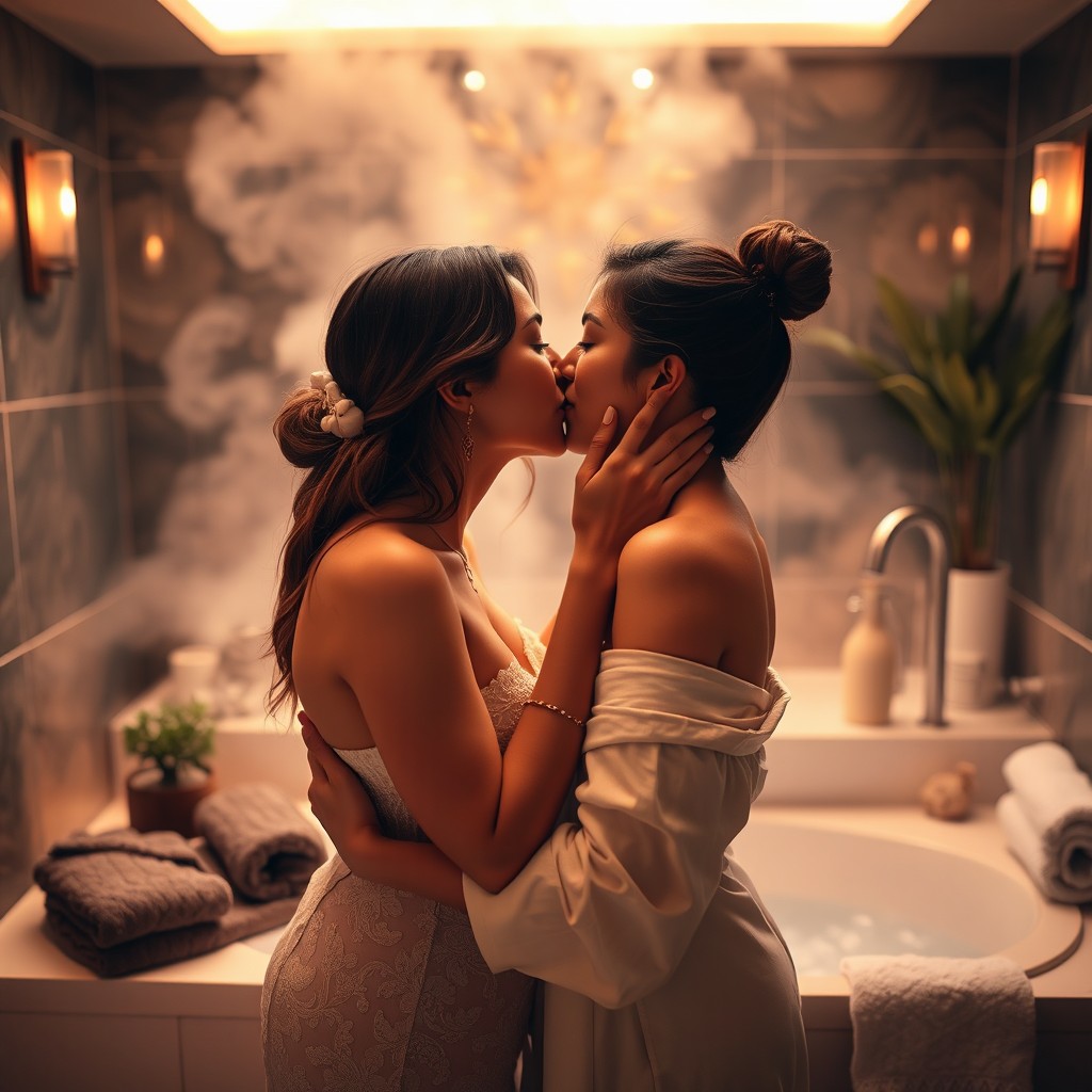 A romantic and intimate scene depicting a woman affectionately kissing another woman's body in a softly lit bathroom