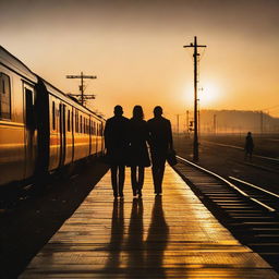 Various couples standing on a train platform, anxiously looking in the distance as they await an approaching local train under a sublime sunset.