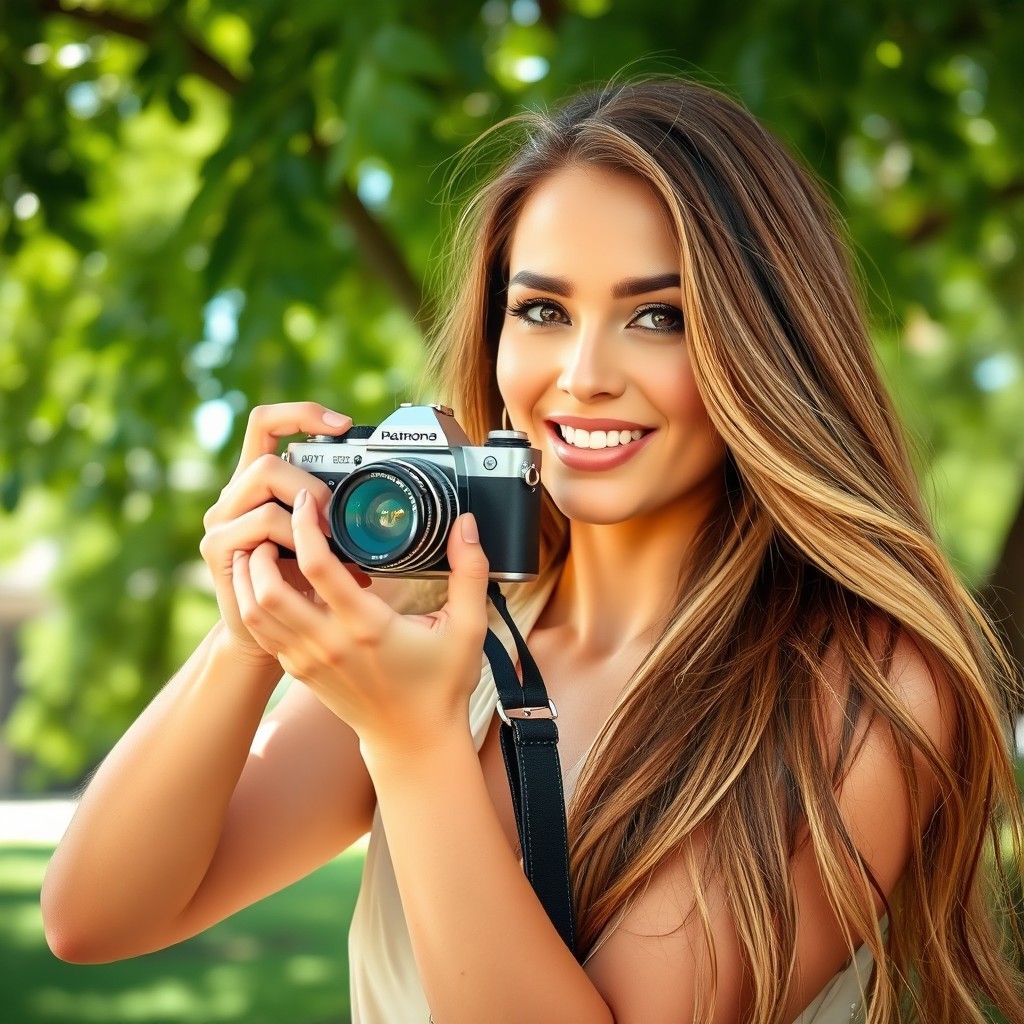 A stunning, beautiful lady with long flowing hair, capturing images with a vintage camera