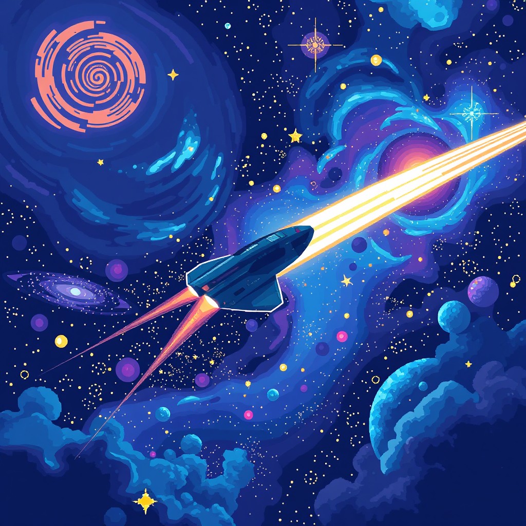 A highly stylized space scene depicted in a 64x64 pixel format