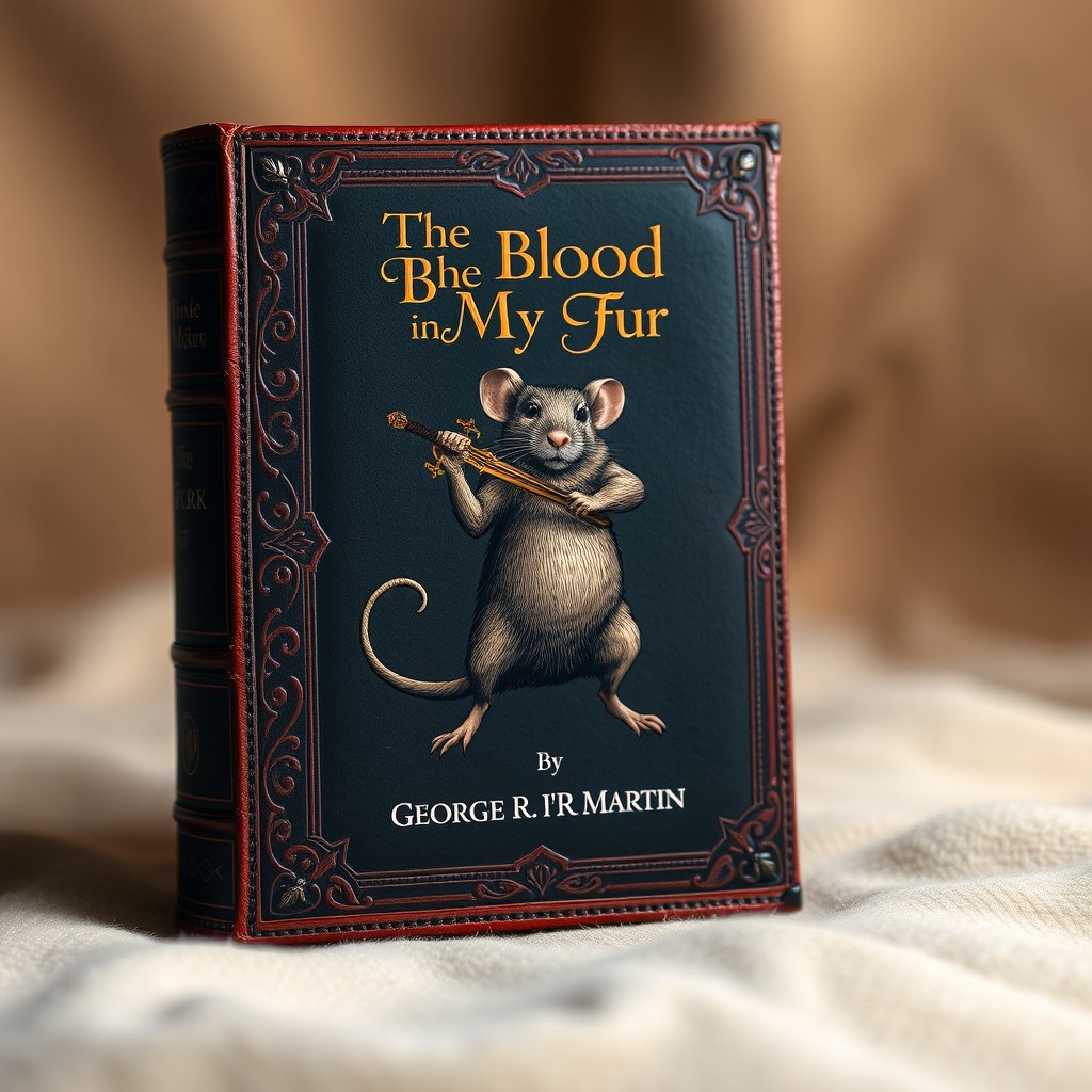A beautifully crafted leather tome with intricate designs on the cover, featuring a striking figure of a mouse standing on two feet