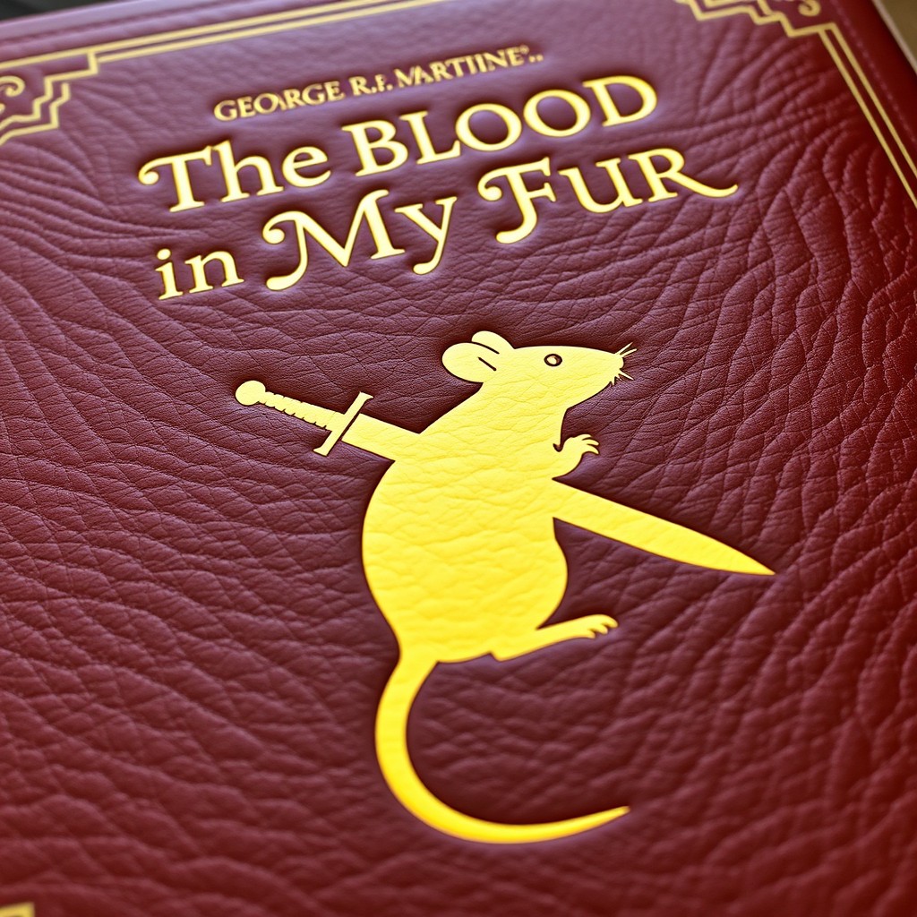 A close-up of a leather-bound tome featuring a 2D golden silhouette of a mouse with a hefty sword slung across its back, prominently displayed on the cover