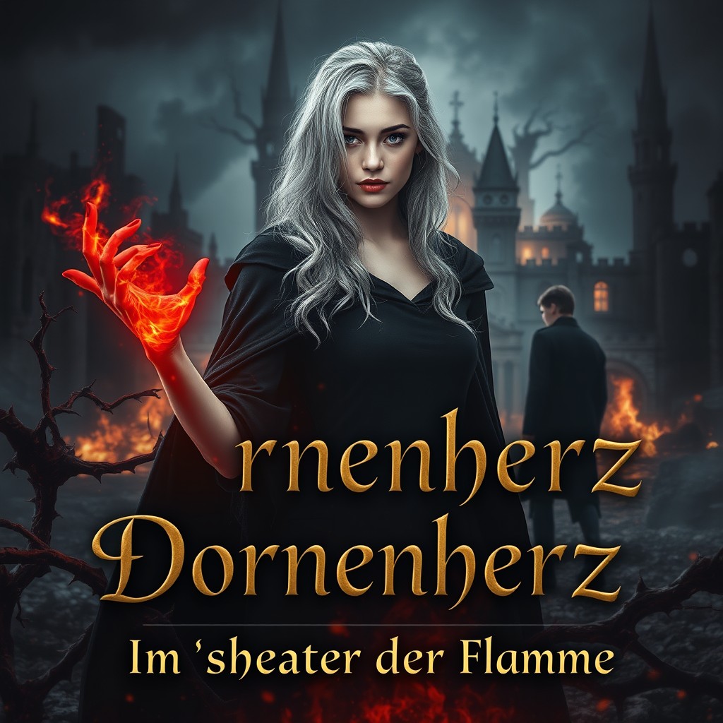 A young woman with silver hair stands before a burning, destroyed palace, embodying the essence of dark romantic fantasy with an epic flair