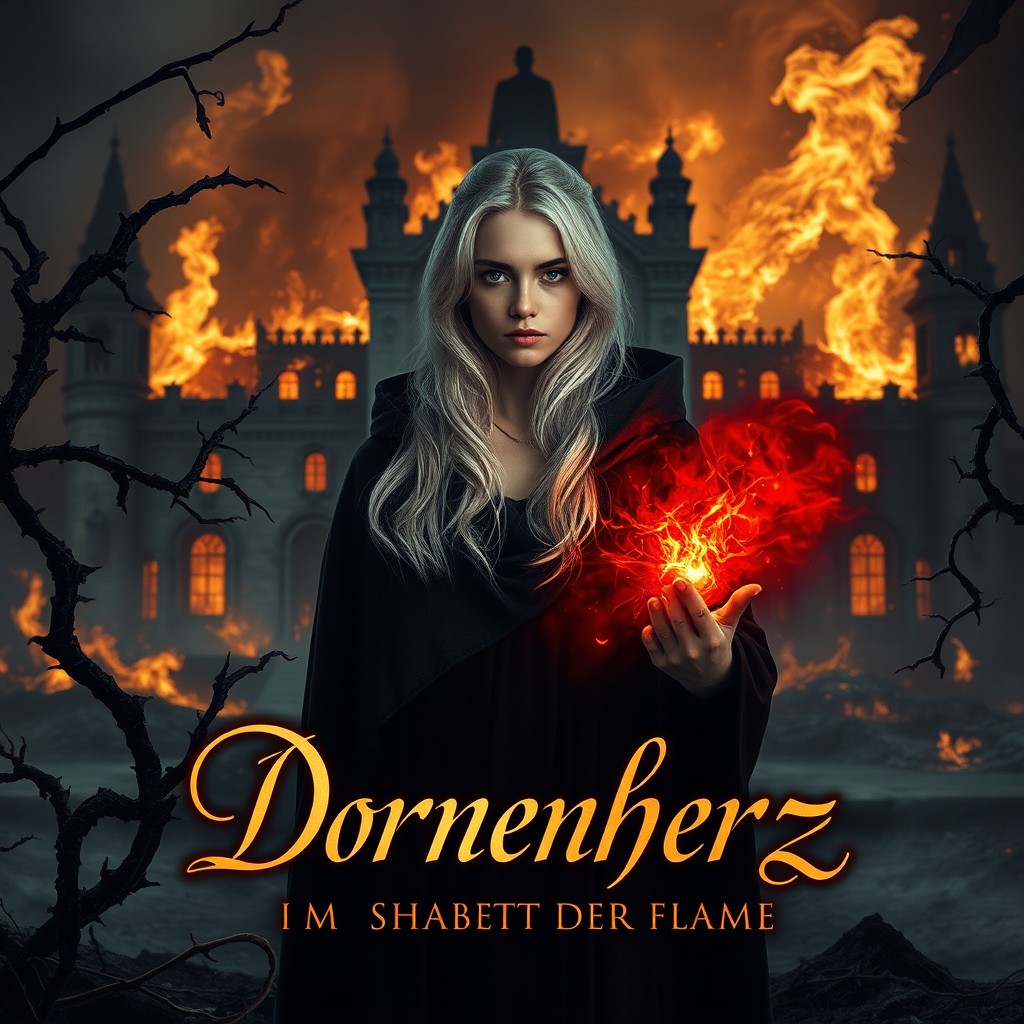 A young woman with silver hair stands dramatically before a burning, destroyed palace, capturing the essence of dark romantic fantasy with an epic flair