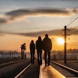 Various couples standing on a train platform, anxiously looking in the distance as they await an approaching local train under a sublime sunset.