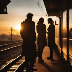 Various couples standing on a train platform, anxiously looking in the distance as they await an approaching local train under a sublime sunset.