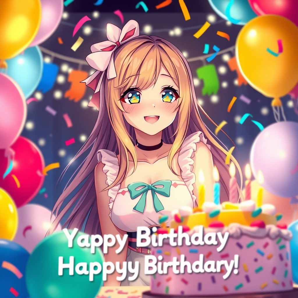A stunning waifu character celebrating a birthday with vibrant and festive decorations around her