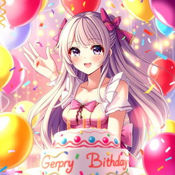 A stunning waifu character celebrating a birthday with vibrant and festive decorations around her