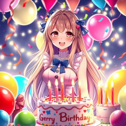 A stunning waifu character celebrating a birthday with vibrant and festive decorations around her
