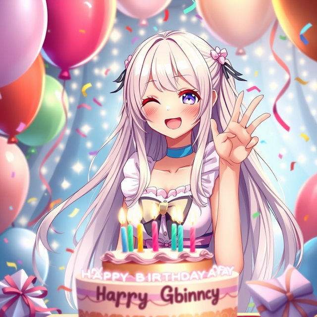 A stunning waifu character celebrating a birthday with vibrant and festive decorations around her