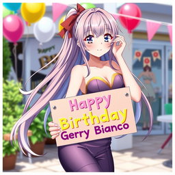 A stunning anime waifu with long flowing hair, wearing a stylish outfit that accentuates her figure, is holding a colorful sign that reads 'Happy Birthday Gerry Bianco'