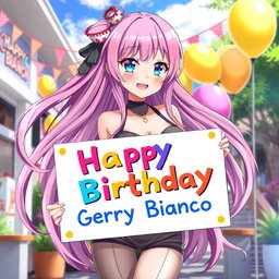 A stunning anime waifu with long flowing hair, wearing a stylish outfit that accentuates her figure, is holding a colorful sign that reads 'Happy Birthday Gerry Bianco'