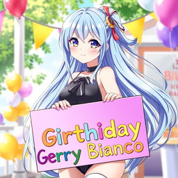 A stunning anime waifu with long flowing hair, wearing a stylish outfit that accentuates her figure, is holding a colorful sign that reads 'Happy Birthday Gerry Bianco'