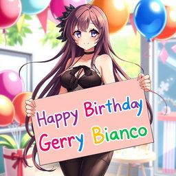 A stunning anime waifu with long flowing hair, wearing a stylish outfit that accentuates her figure, is holding a colorful sign that reads 'Happy Birthday Gerry Bianco'