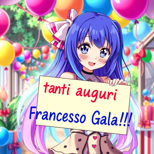 A captivating anime waifu with long, flowing hair in bright, vivid colors, dressed in a chic and eye-catching outfit, is holding a vibrant sign that says 'Tanti auguri Francesco Galia!!'