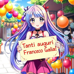 A captivating anime waifu with long, flowing hair in bright, vivid colors, dressed in a chic and eye-catching outfit, is holding a vibrant sign that says 'Tanti auguri Francesco Galia!!'
