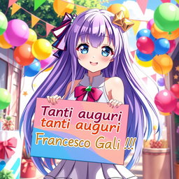 A captivating anime waifu with long, flowing hair in bright, vivid colors, dressed in a chic and eye-catching outfit, is holding a vibrant sign that says 'Tanti auguri Francesco Galia!!'