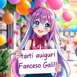 A captivating anime waifu with long, flowing hair in bright, vivid colors, dressed in a chic and eye-catching outfit, is holding a vibrant sign that says 'Tanti auguri Francesco Galia!!'