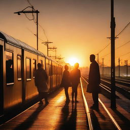 Various couples standing on a train platform, anxiously looking in the distance as they await an approaching local train under a sublime sunset.