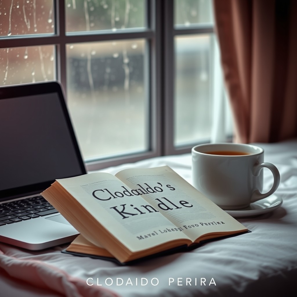 A romantic photographic book cover for 'Clodoaldo's Kindle' by Clodoaldo Pereira, featuring an open book displaying the title prominently