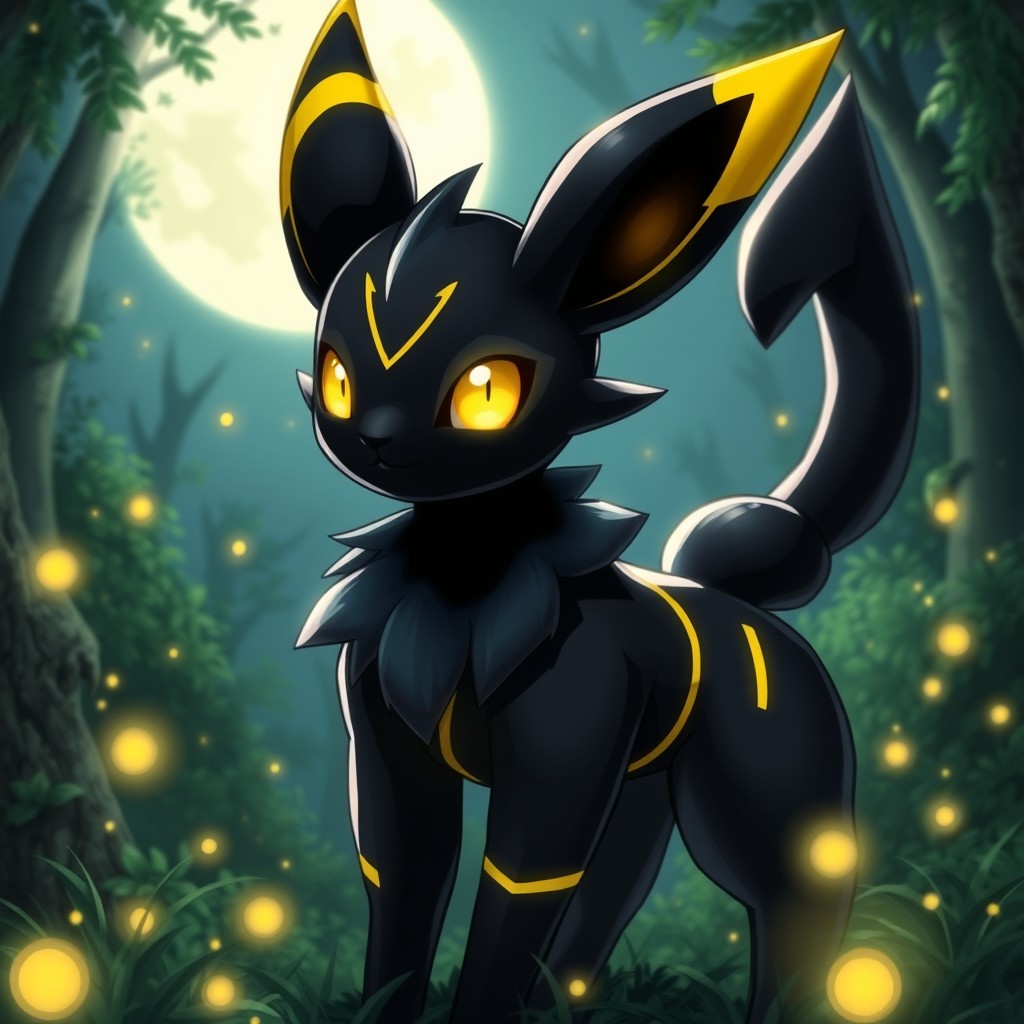 An ultra-detailed, striking artistic representation of a male Umbreon from the Pokémon series, showcasing its sleek black fur and vivid yellow rings