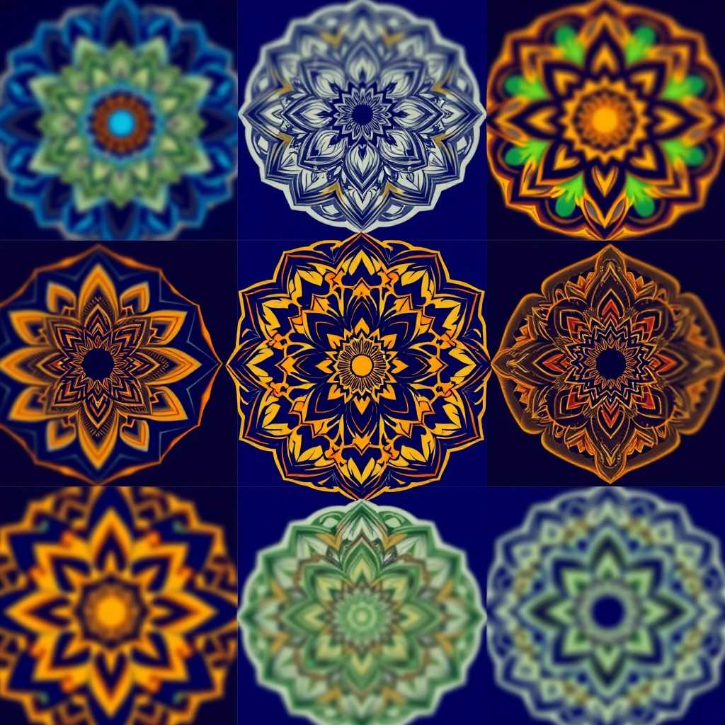 A collection of intricate mandalas featuring geometric designs in rich colors such as deep blue, vibrant orange, and soft green