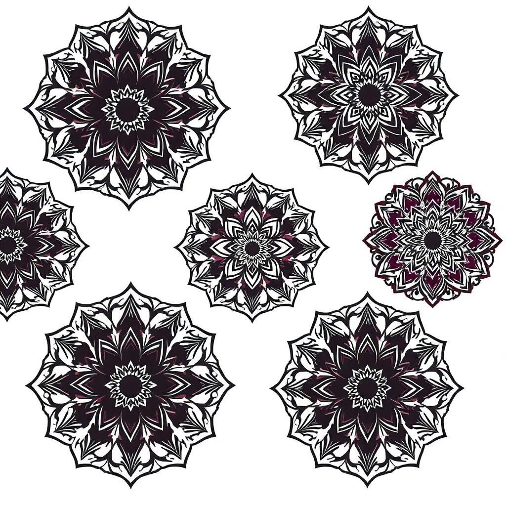 A selection of elegant mandalas in black and wine hues, featuring intricate geometric and floral designs