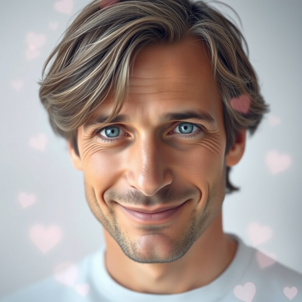 A romantic portrait of a man in his 40s, featuring medium-length, slightly wavy brown hair with gentle gray strands, soft grey-blue eyes full of warmth, and a tender smile